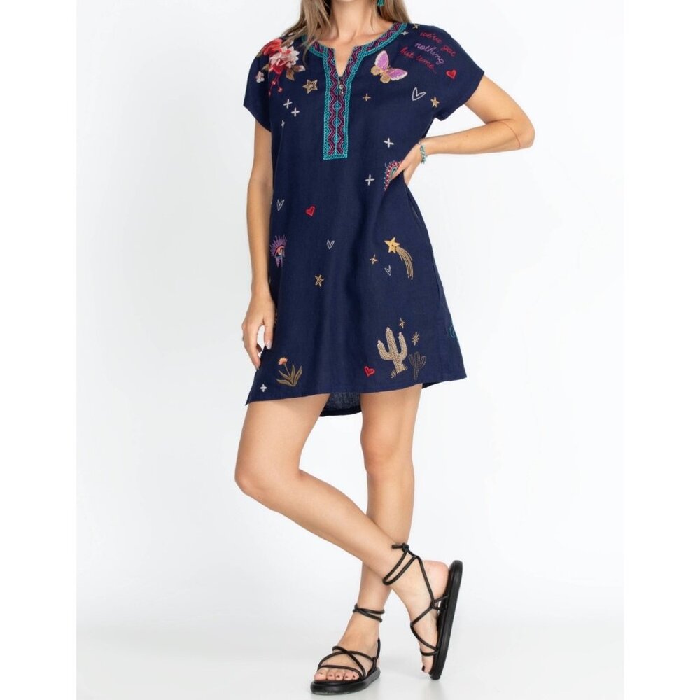 Johnny Was Shift Mini Dress Linen Round Split Neck With Short Sleeves Navy Blue